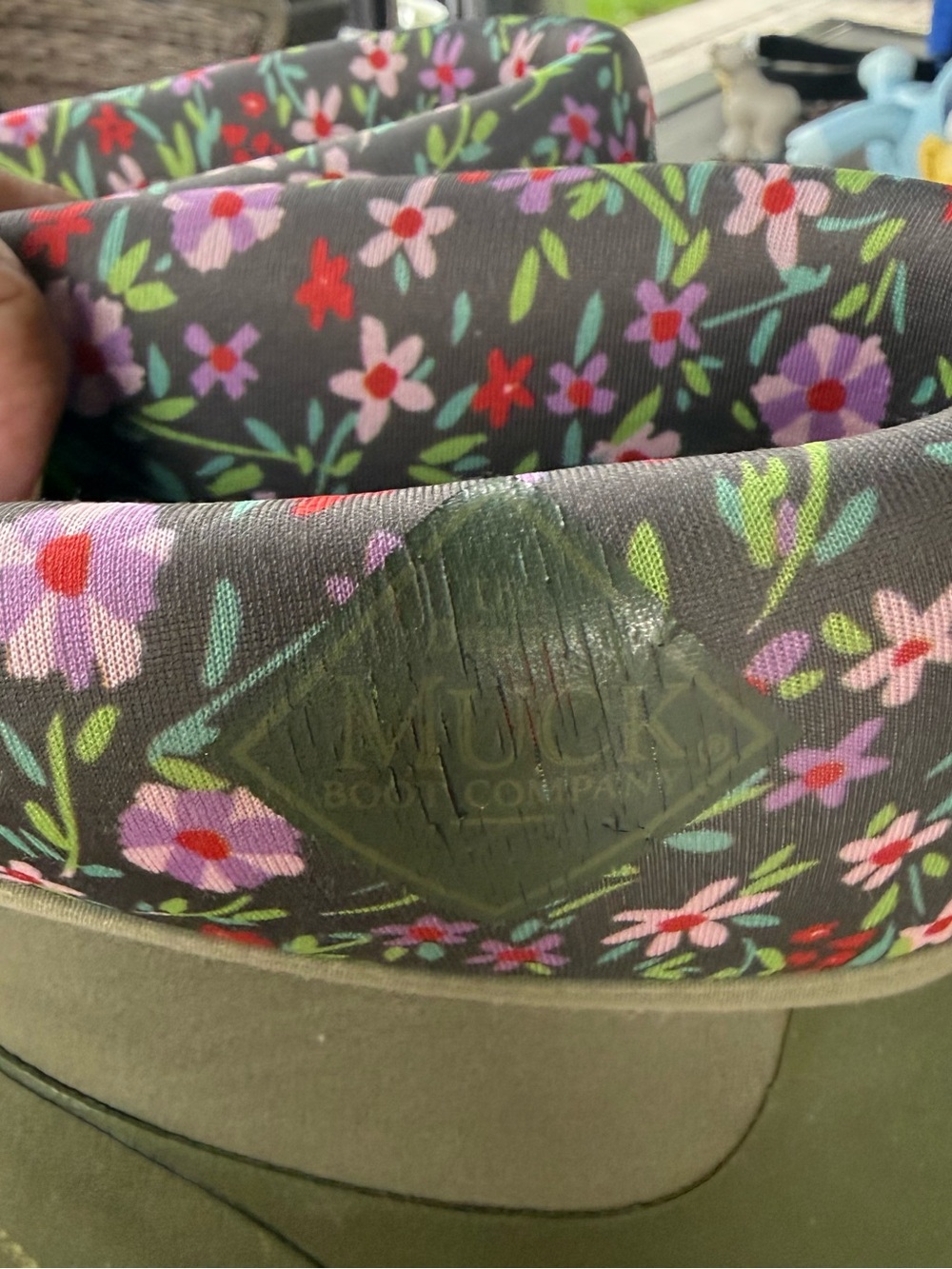 Womens Olive Green Waterproof Ankle Rain Boots with Floral Cuff - Picture 5 of 8